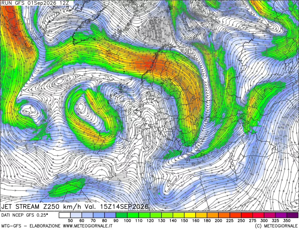 mappa 250 hPa Jet stream
