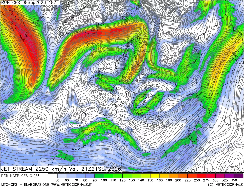 mappa 250 hPa Jet stream