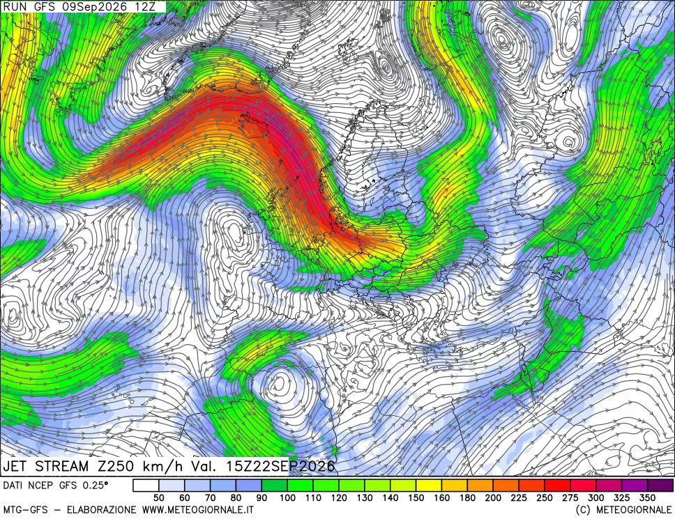mappa 250 hPa Jet stream