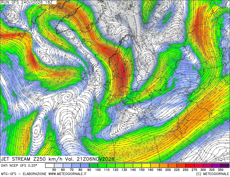 mappa 250 hPa Jet stream