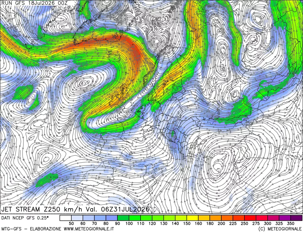 mappa 250 hPa Jet stream