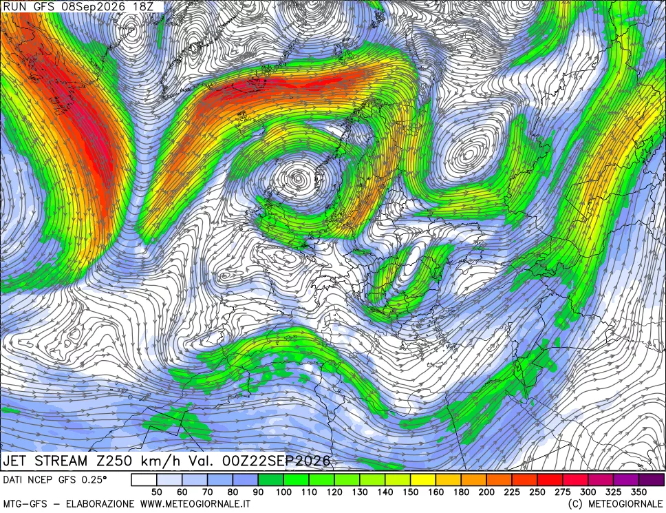 mappa 250 hPa Jet stream