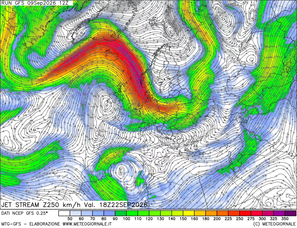mappa 250 hPa Jet stream