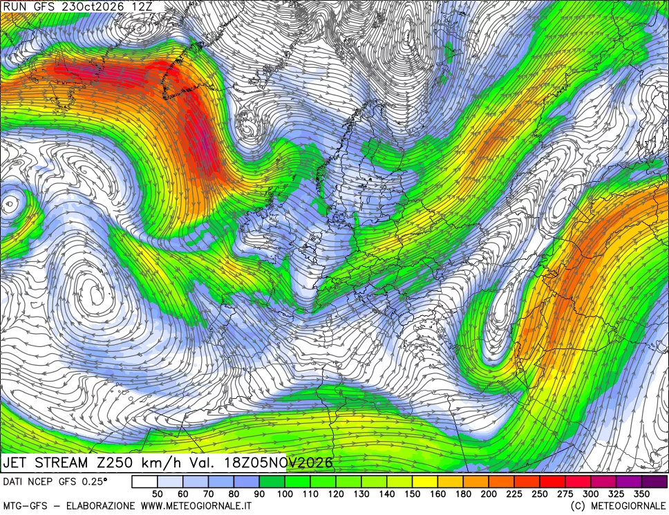 mappa 250 hPa Jet stream