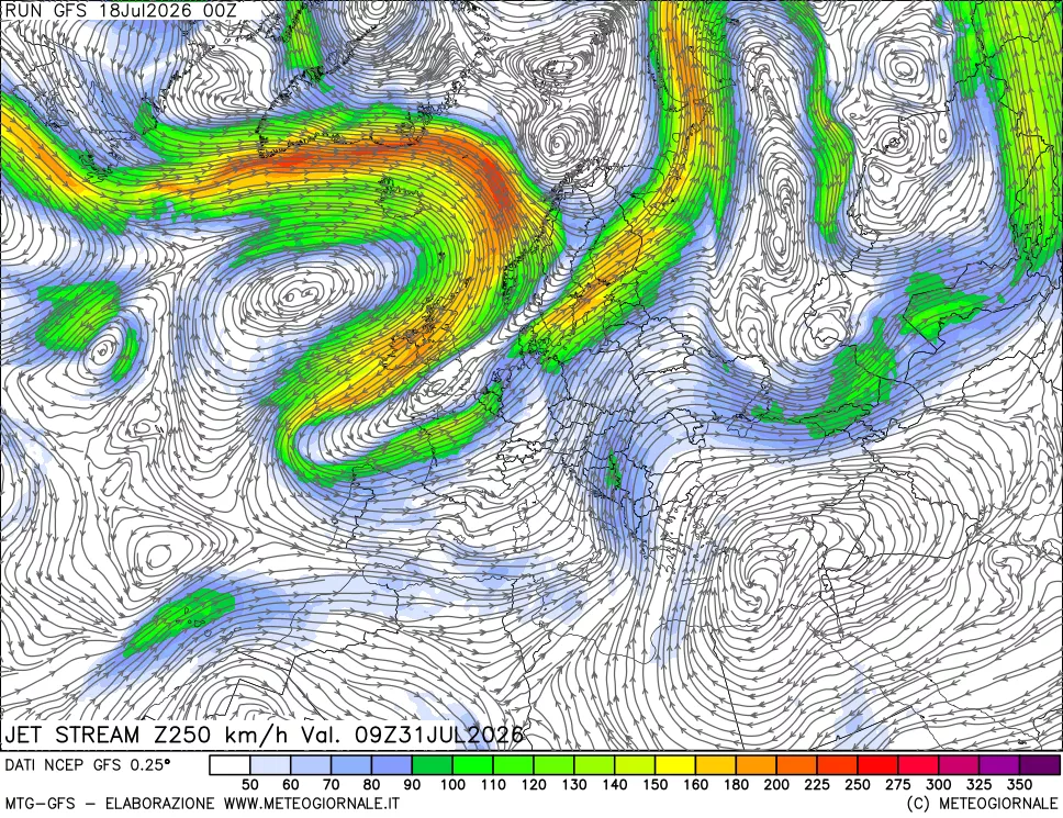 mappa 250 hPa Jet stream