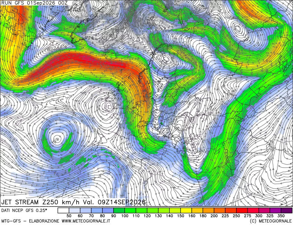 mappa 250 hPa Jet stream