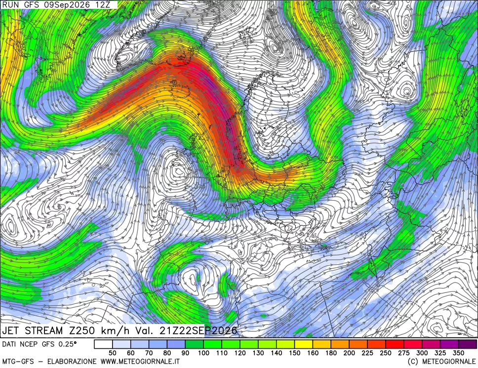 mappa 250 hPa Jet stream