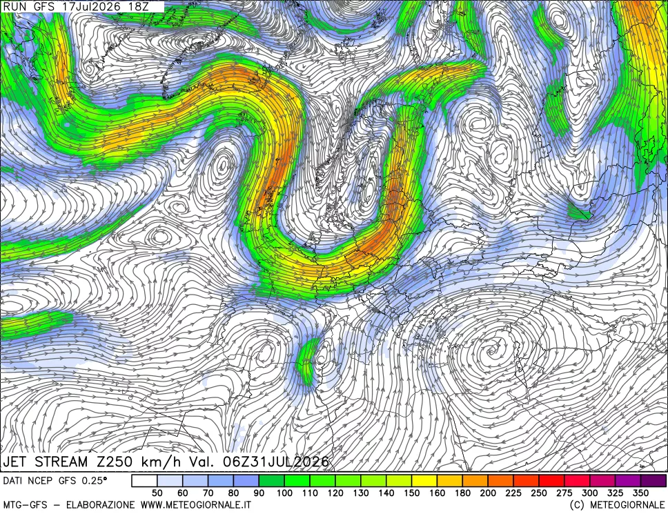 mappa 250 hPa Jet stream