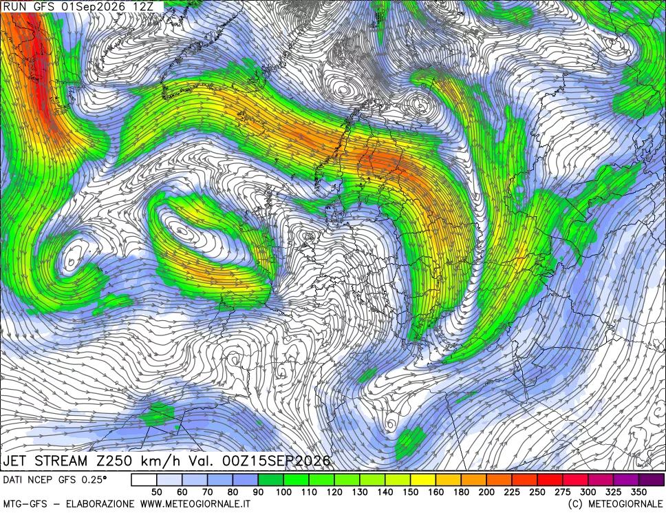 mappa 250 hPa Jet stream