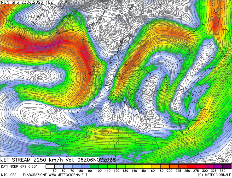mappa 250 hPa Jet stream