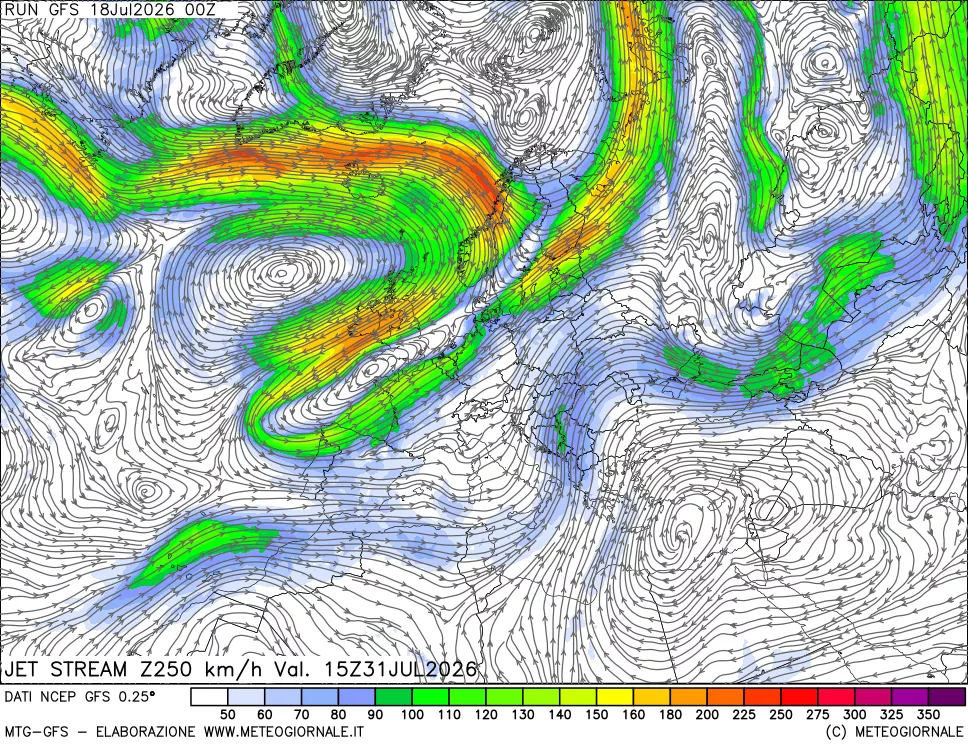 mappa 250 hPa Jet stream