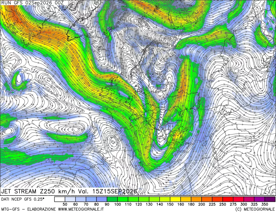 mappa 250 hPa Jet stream