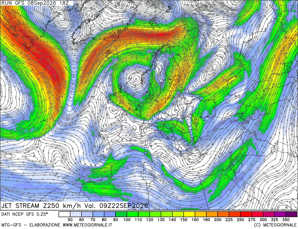 mappa 250 hPa Jet stream