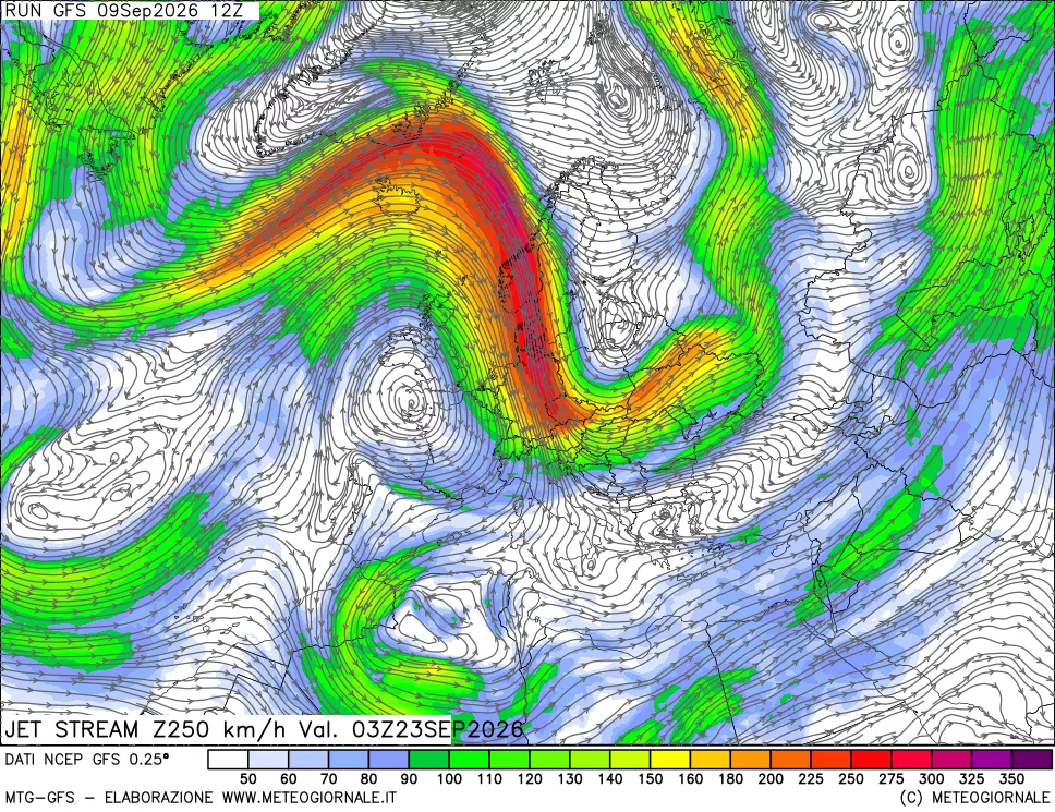 mappa 250 hPa Jet stream
