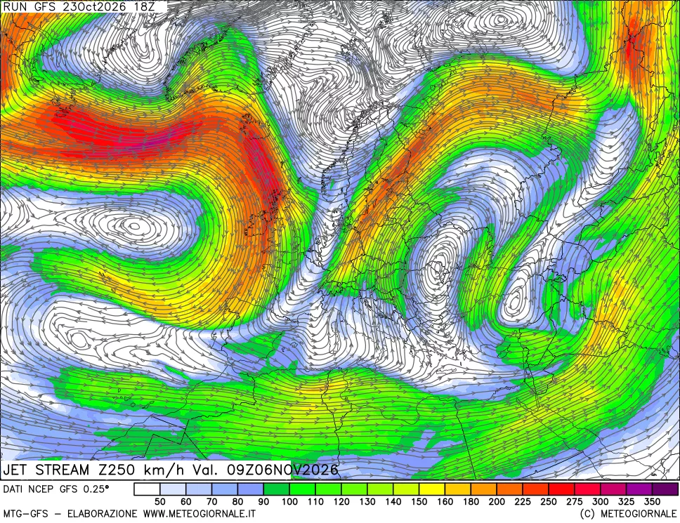 mappa 250 hPa Jet stream