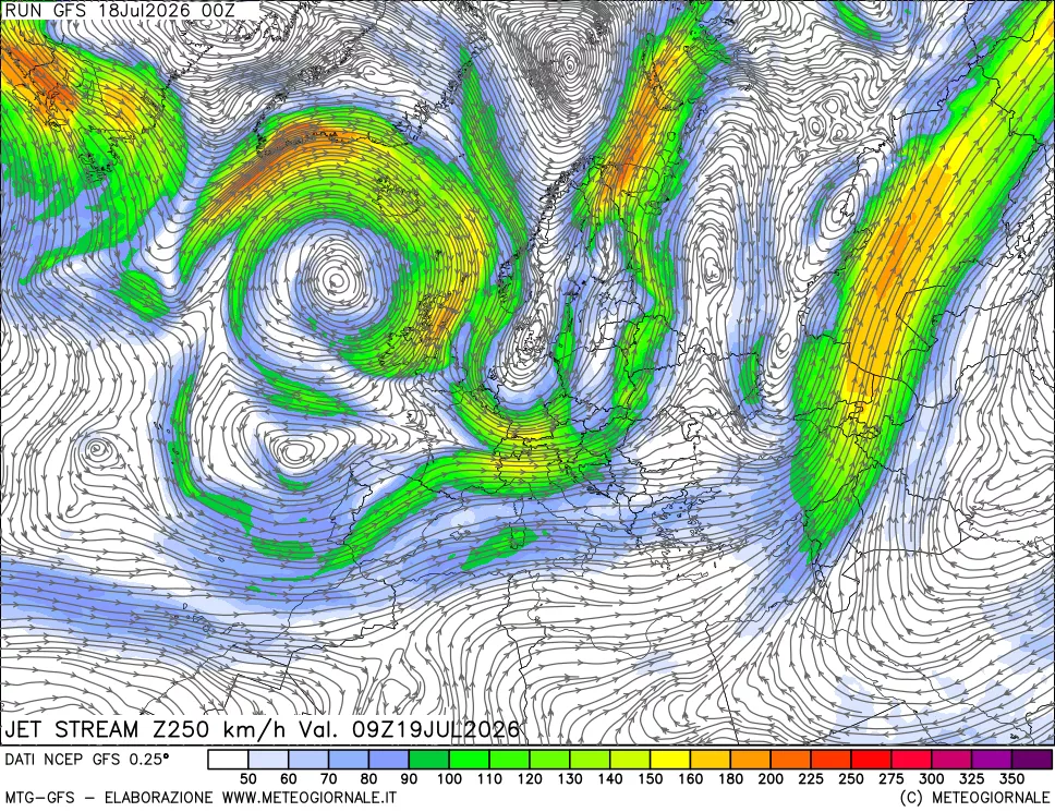 mappa 250 hPa Jet stream