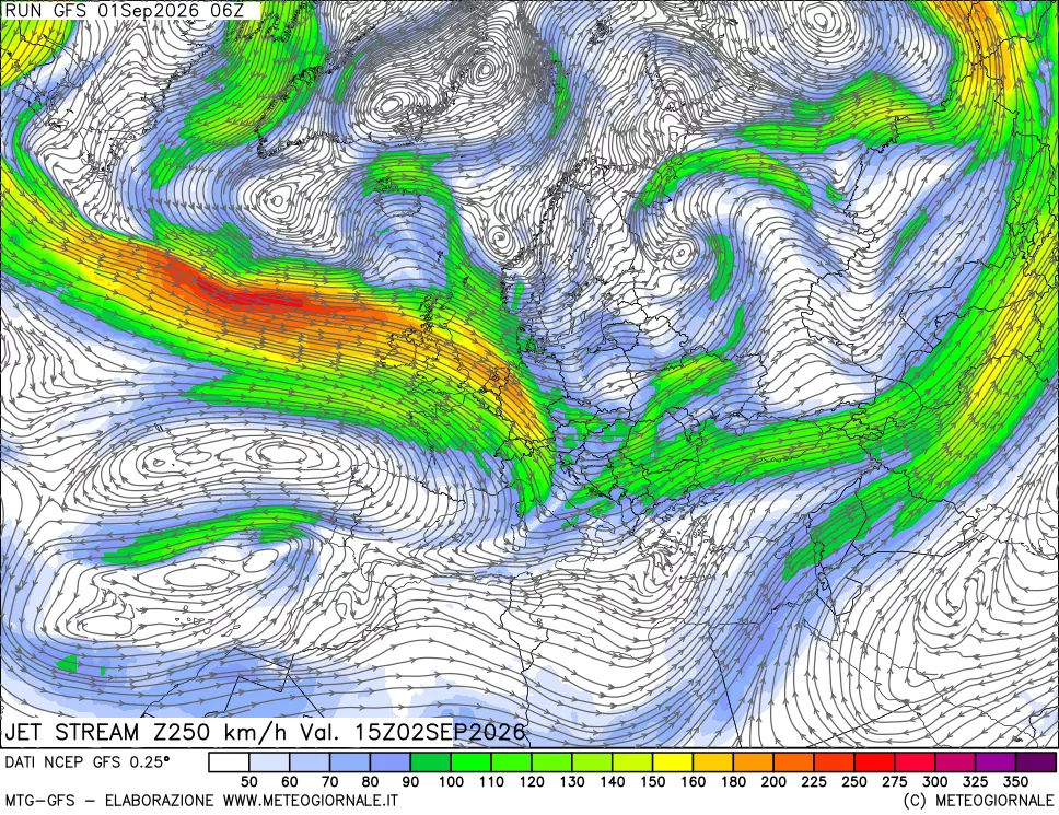 mappa 250 hPa Jet stream