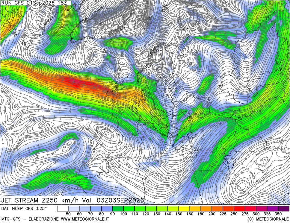 mappa 250 hPa Jet stream