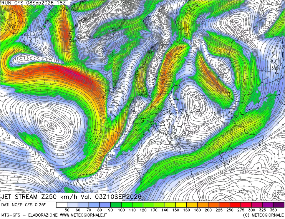 mappa 250 hPa Jet stream