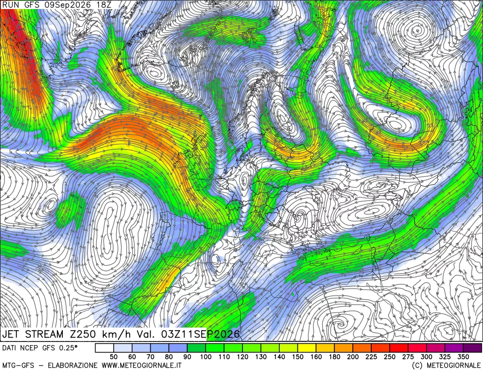 mappa 250 hPa Jet stream