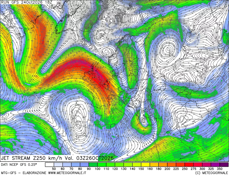 mappa 250 hPa Jet stream