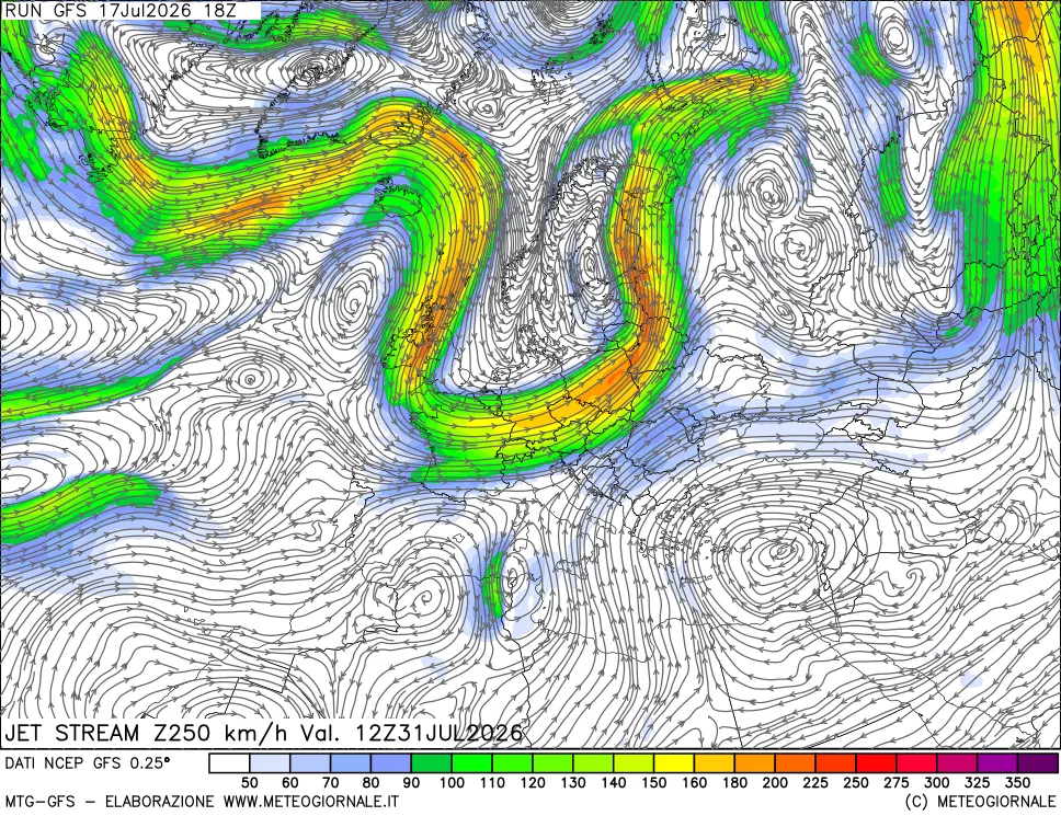 mappa 250 hPa Jet stream
