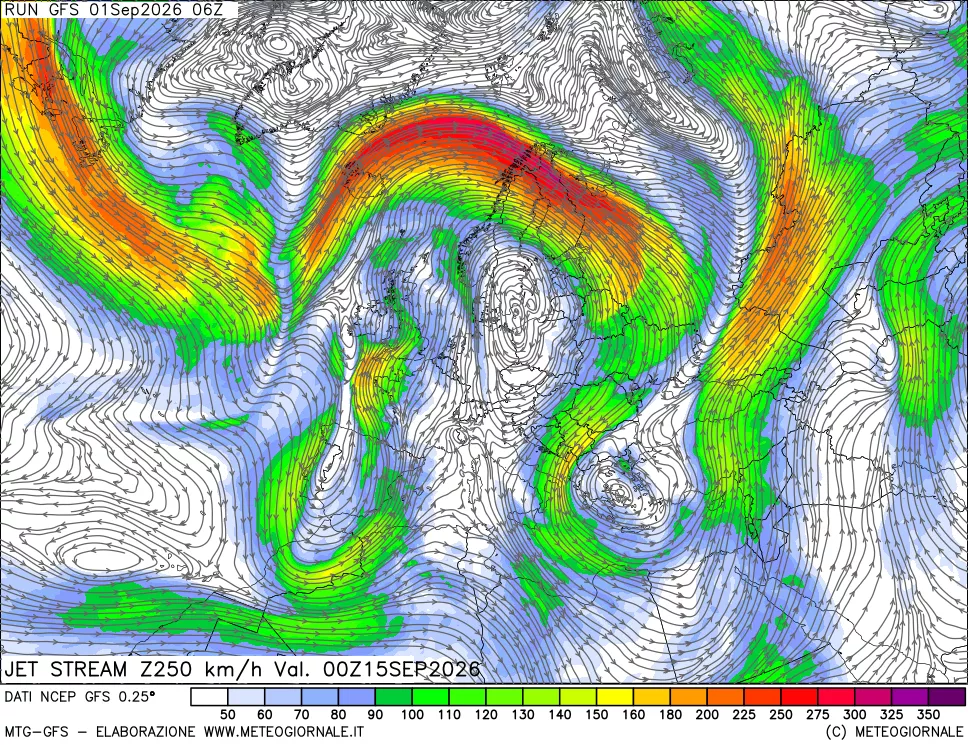 mappa 250 hPa Jet stream