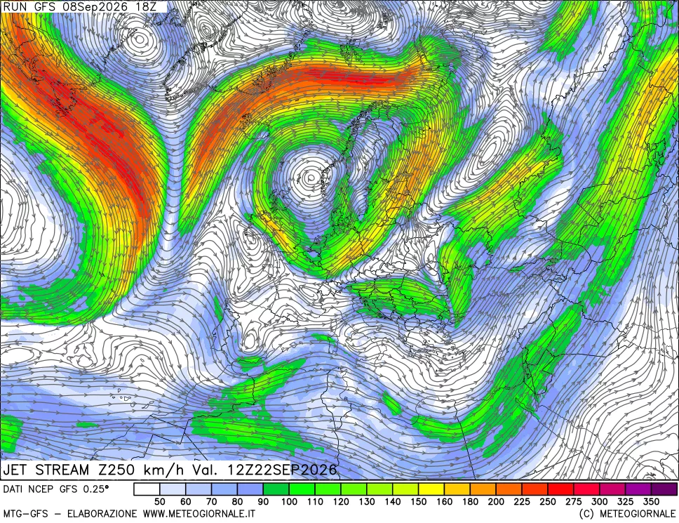 mappa 250 hPa Jet stream