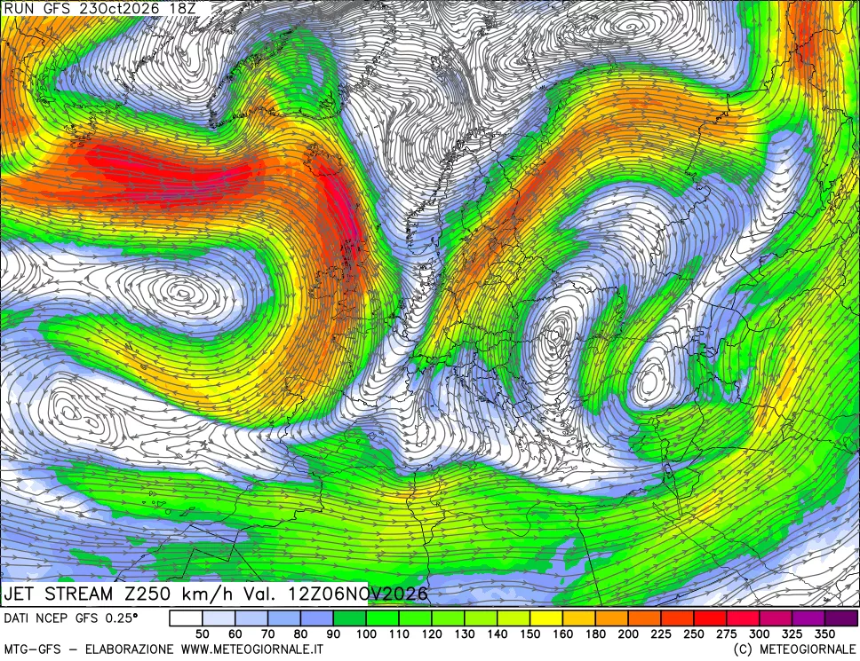 mappa 250 hPa Jet stream