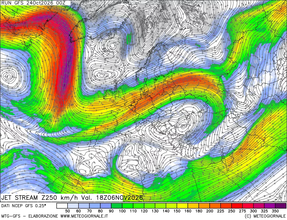 mappa 250 hPa Jet stream