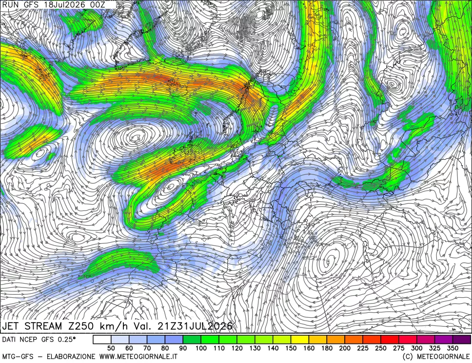 mappa 250 hPa Jet stream