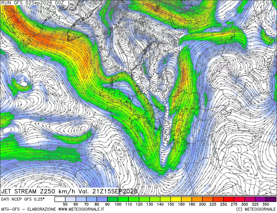 mappa 250 hPa Jet stream