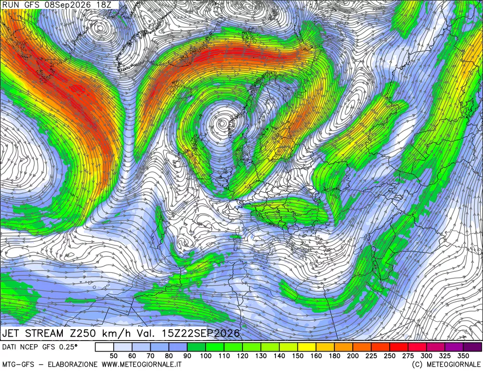 mappa 250 hPa Jet stream