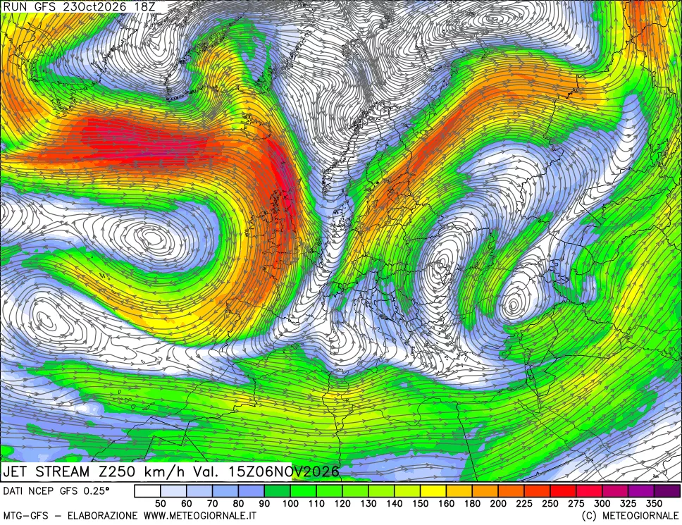 mappa 250 hPa Jet stream