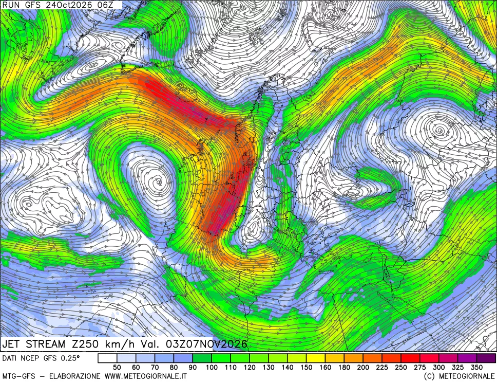 mappa 250 hPa Jet stream
