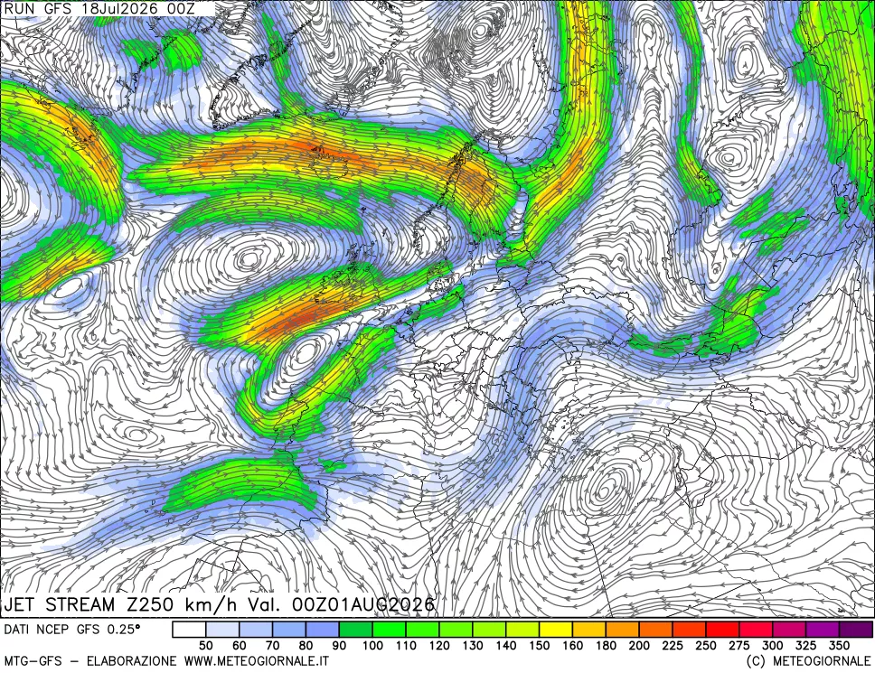 mappa 250 hPa Jet stream