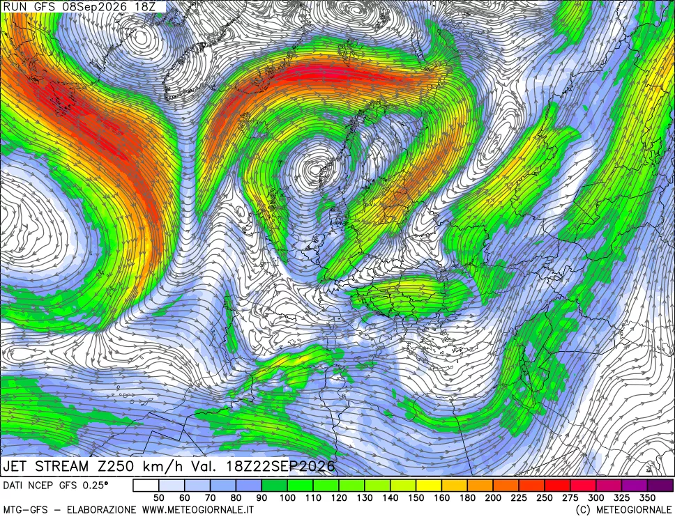 mappa 250 hPa Jet stream