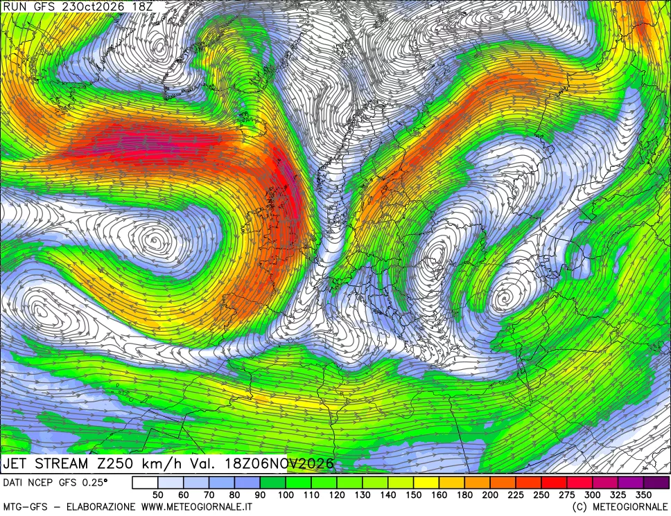 mappa 250 hPa Jet stream
