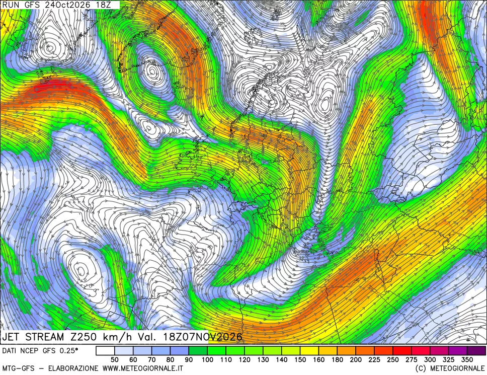 mappa 250 hPa Jet stream