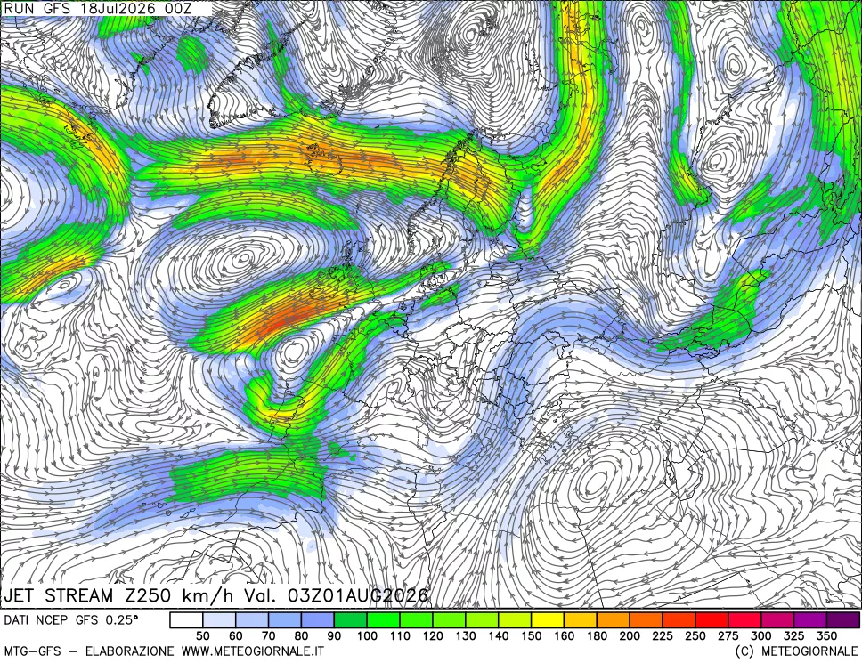 mappa 250 hPa Jet stream