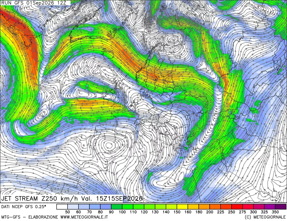 mappa 250 hPa Jet stream