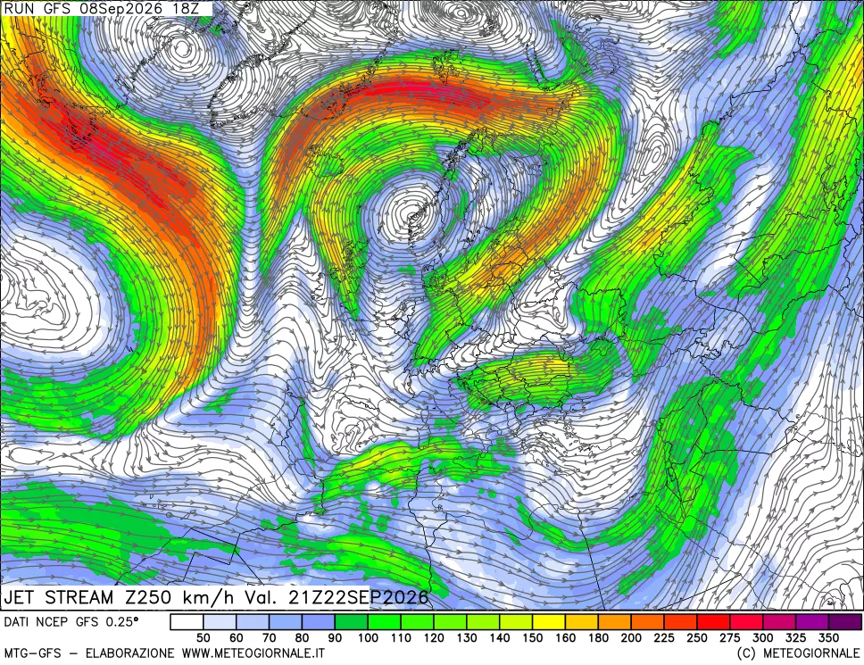 mappa 250 hPa Jet stream