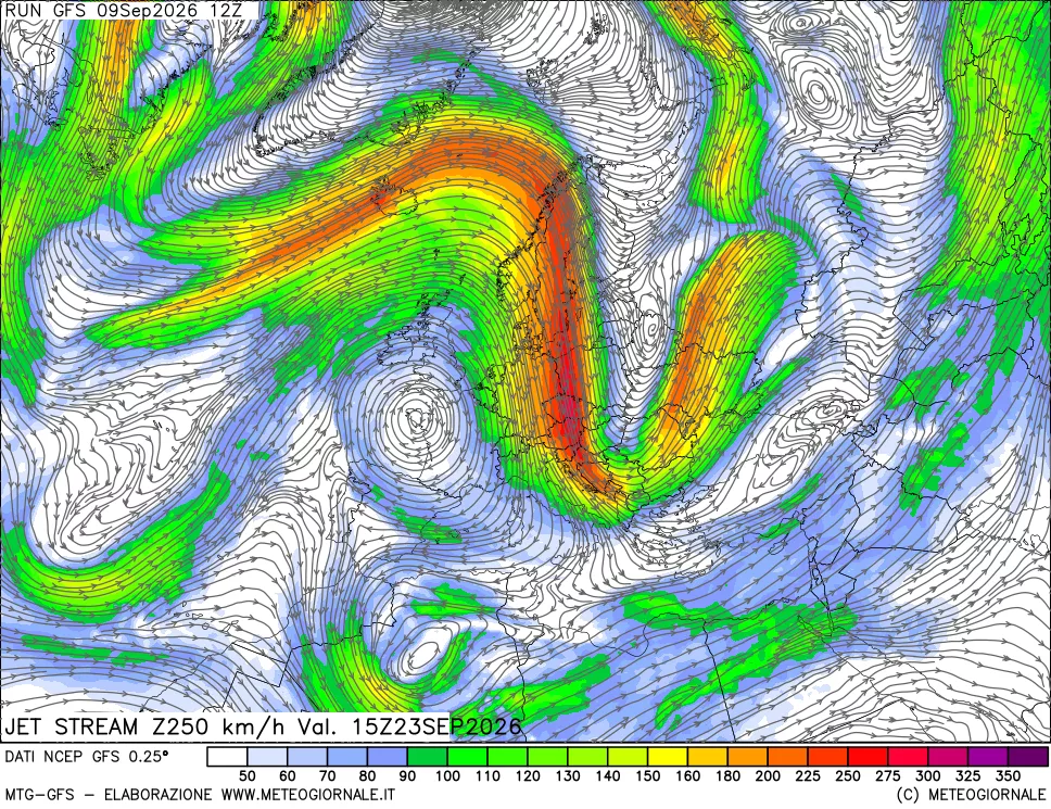 mappa 250 hPa Jet stream