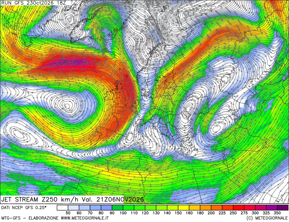 mappa 250 hPa Jet stream
