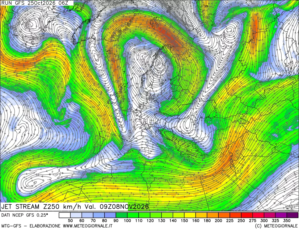 mappa 250 hPa Jet stream