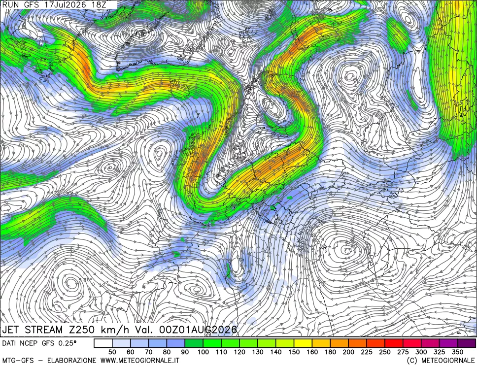 mappa 250 hPa Jet stream
