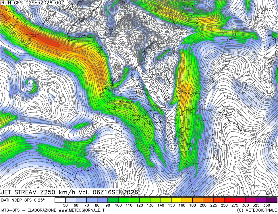 mappa 250 hPa Jet stream