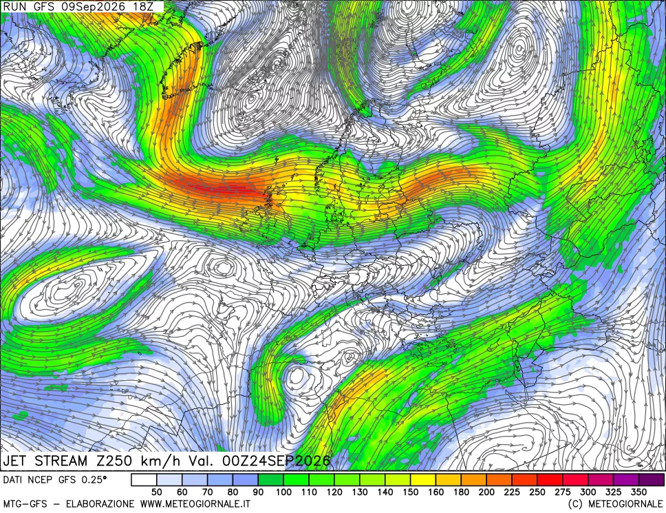 mappa 250 hPa Jet stream