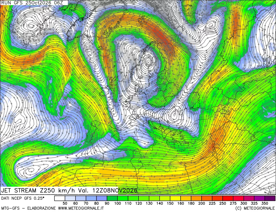 mappa 250 hPa Jet stream