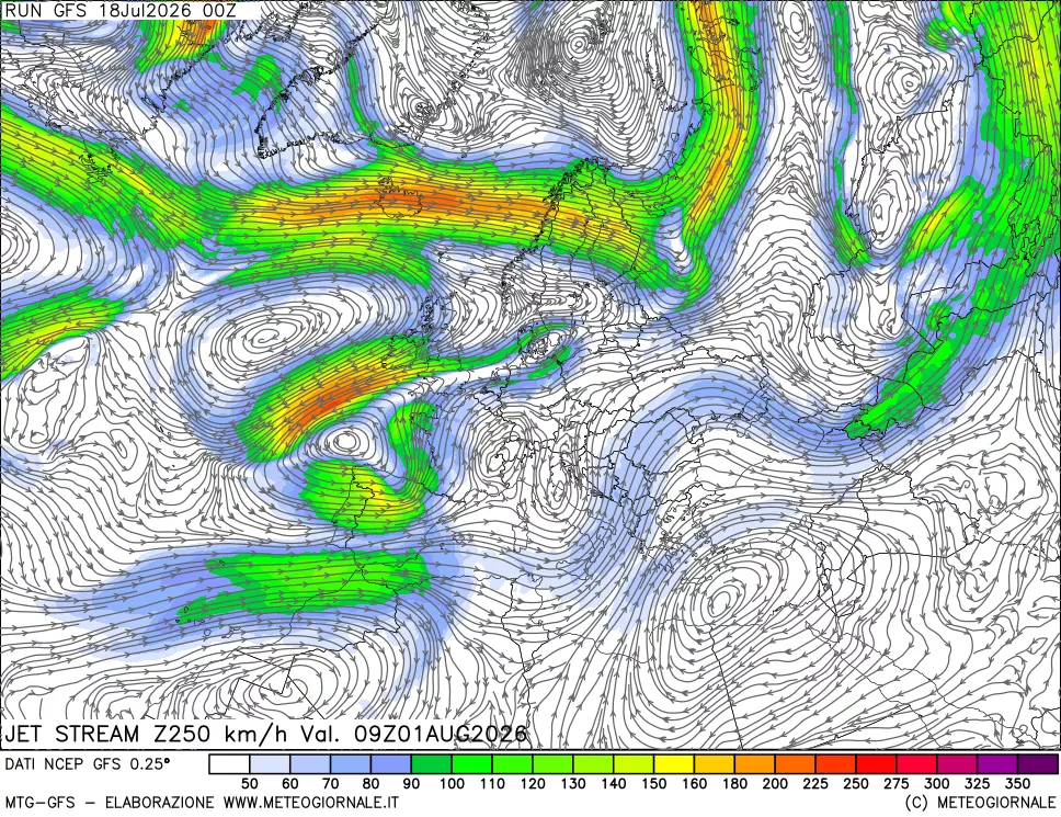 mappa 250 hPa Jet stream